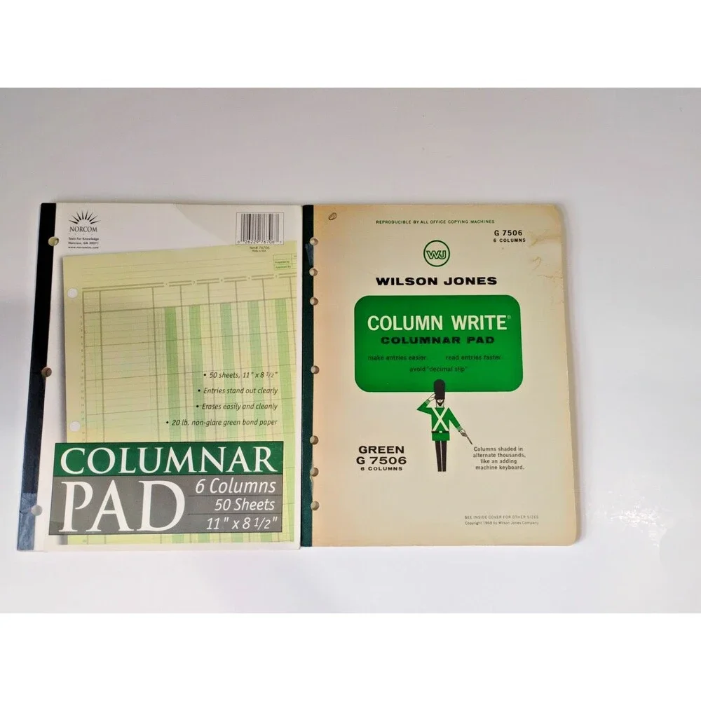 Set of 2 vintage accounting ledgers, both 6-column, 50 pages, green  New
